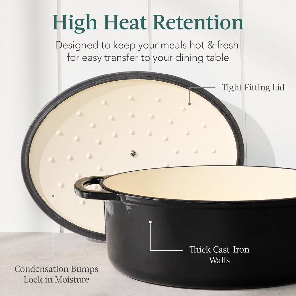 Best Choice Products Oval 7.5 Quart Enamel Cast-Iron Dutch Oven, Heavy-Duty Pre-Seasoned for Baking, Cooking w/Side Handles – Black Licorice