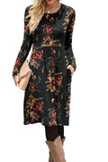 DB MOON Women Casual Long Sleeve Dresses Empire Waist Loose Dress with Pockets (Brown Floral Black, XL)