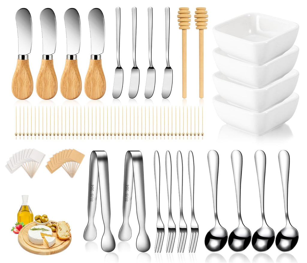 Charcuterie Board Accessories With 3 Oz Ceramic Dip Bowls, Wooden Handle Gold Cheese Spreader Butter Knive Set Kit, Mini Tongs, Spoons, Forks,Honey Dipper, Cocktail Picks