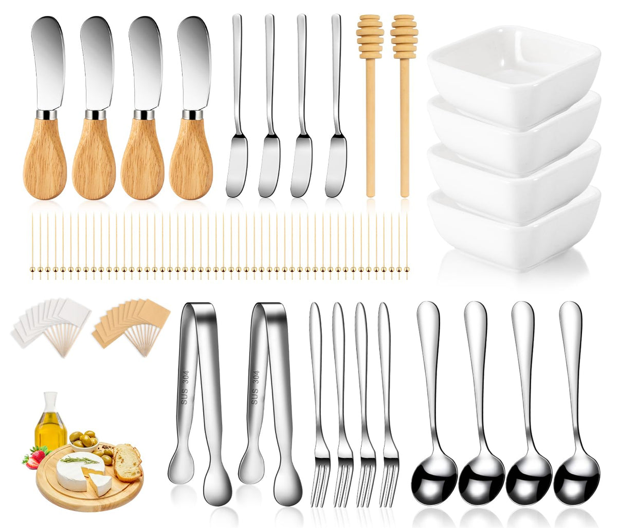 Charcuterie Board Accessories With 3 Oz Ceramic Dip Bowls, Wooden Handle Gold Cheese Spreader Butter Knive Set Kit, Mini Tongs, Spoons, Forks,Honey Dipper, Cocktail Picks
