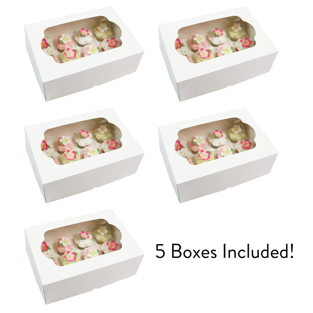 Global Sugar Art 14x10x5 Inch Cupcake Box with Window, White, 5-Count