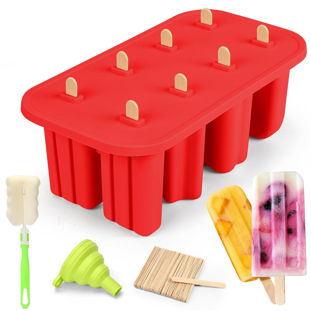 Firstfooby Popsicles Molds, 8-Cavity Silicone Popsicle Molds with 50 Sticks, BPA-Free Ice Pop Mold Popsicle Maker with Funnel & Cleaning Brush for Kids Adult Teens