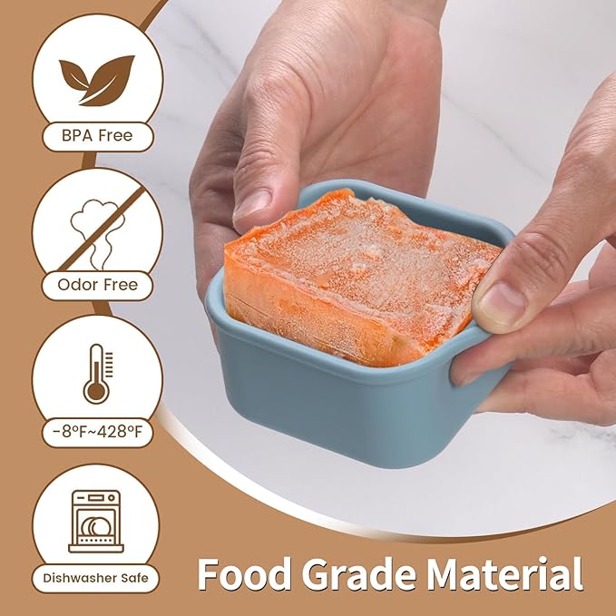 BECOKIT 1/2 Cup Silicone Freezer Tray With Lid - Silicone Freezer Molds 4-Pack For meal prep & freezing of various sauces and other dishes, makes 4 perfect 1/2 cup portions cubes (Blue 4 Pack)