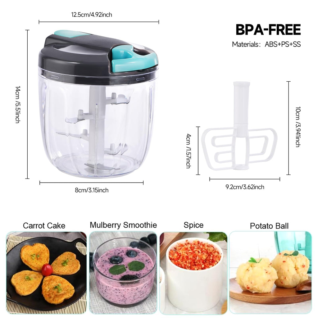 Ziweaye Manual Food Processor Vegetable Chopper, Portable Hand Pull String Garlic Mincer Onion Cutter for Veggies, Ginger, Fruits, Nuts, Herbs, etc., （900ml,Gray-blue）