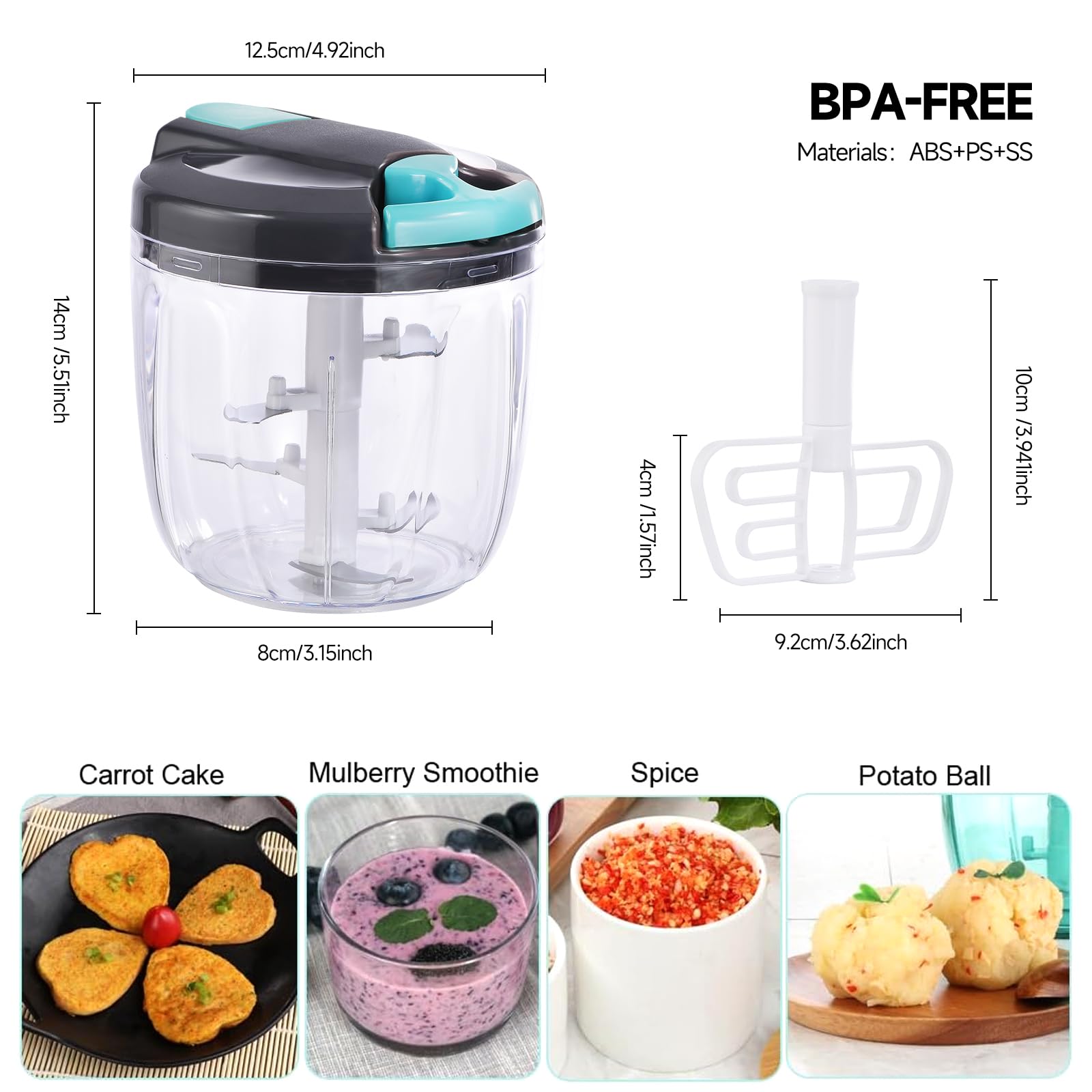 Ziweaye Manual Food Processor Vegetable Chopper, Portable Hand Pull String Garlic Mincer Onion Cutter for Veggies, Ginger, Fruits, Nuts, Herbs, etc., （900ml,Gray-blue）