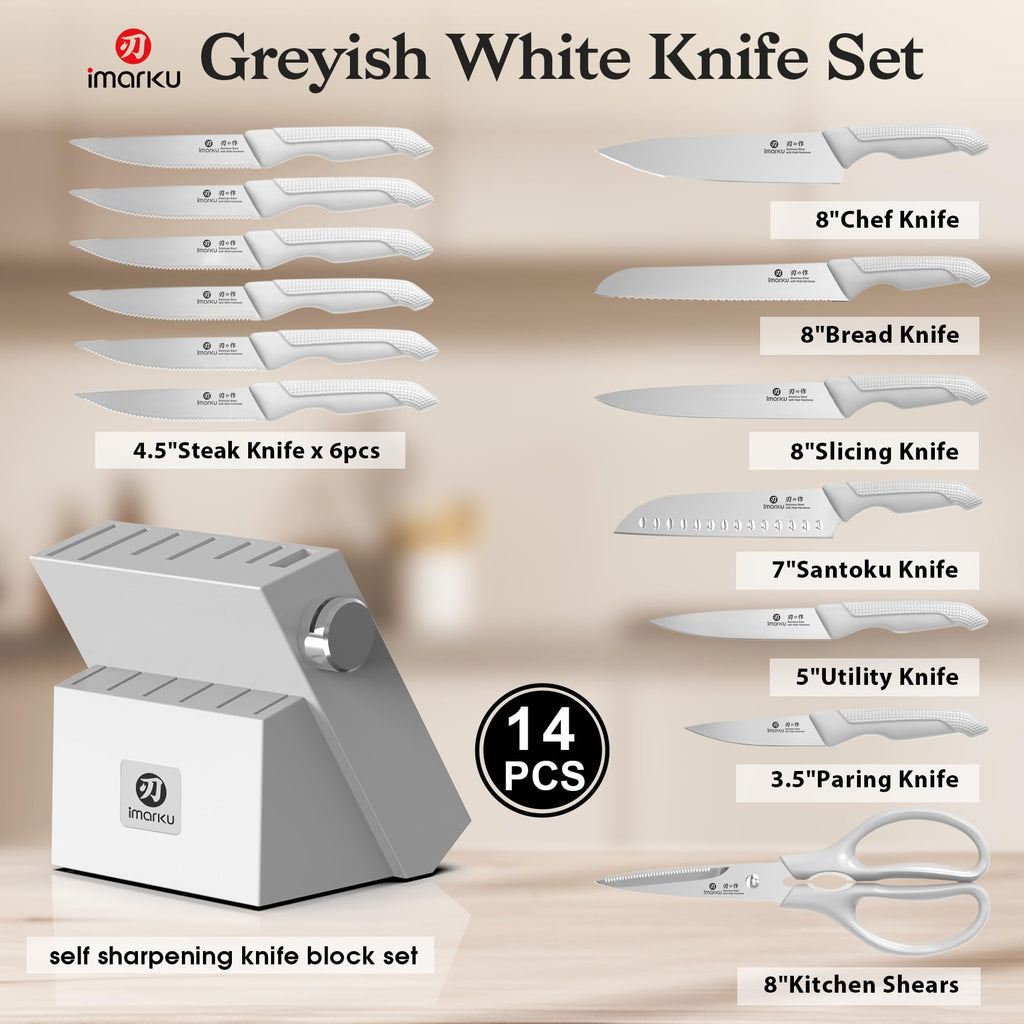 imarku 14 Pcs Japanese Stainless Steel Knives Set for Kitchen Grayish White