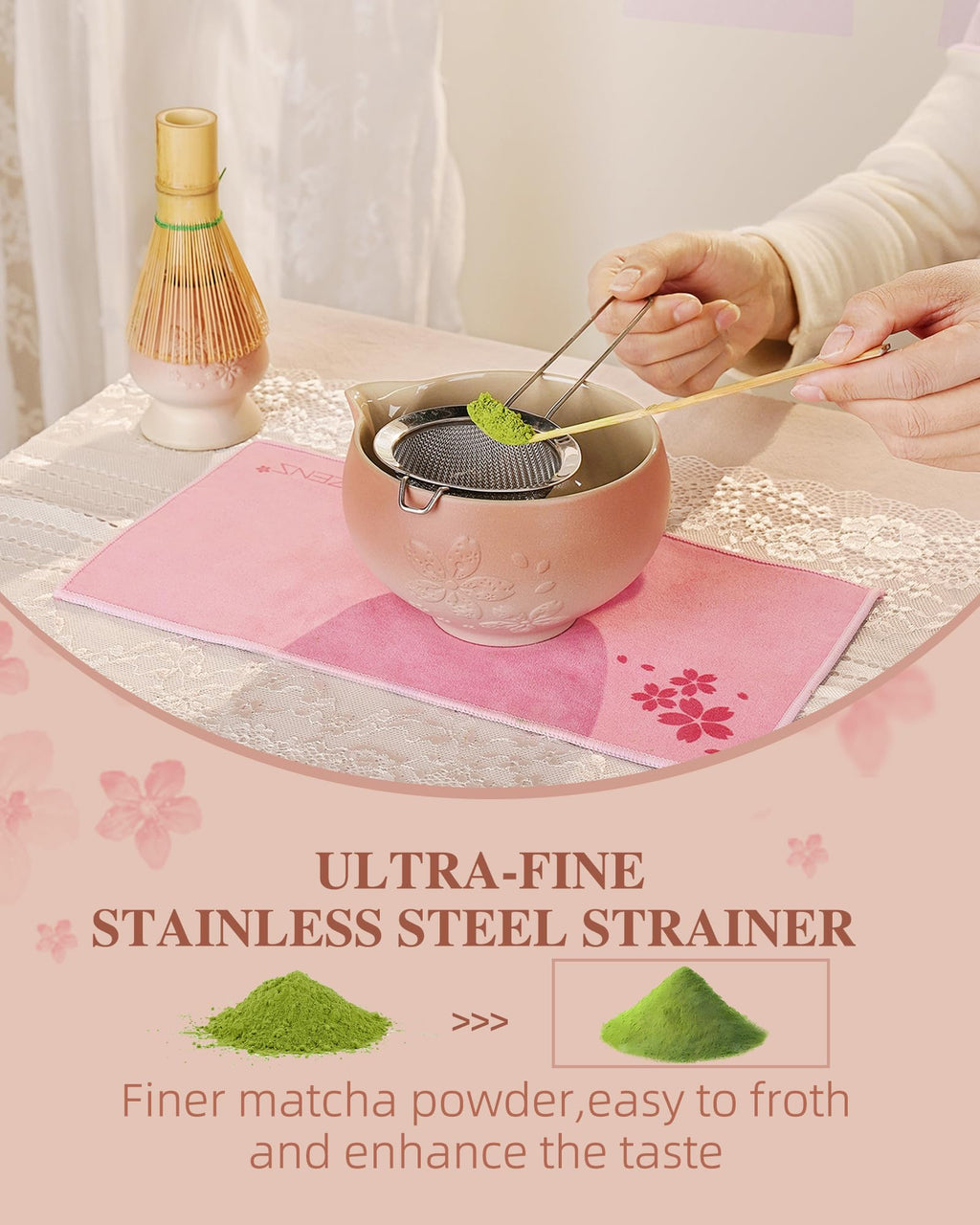 ZENS Matcha Whisk Set, 6pcs Matcha Kit Set with Matcha Bowl, Bamboo Whisk & Scoop, Chasen Holder, 304 Stainless Steel Sifter, Tea Mat for Japanese Tea Ceremony- Pale Pink