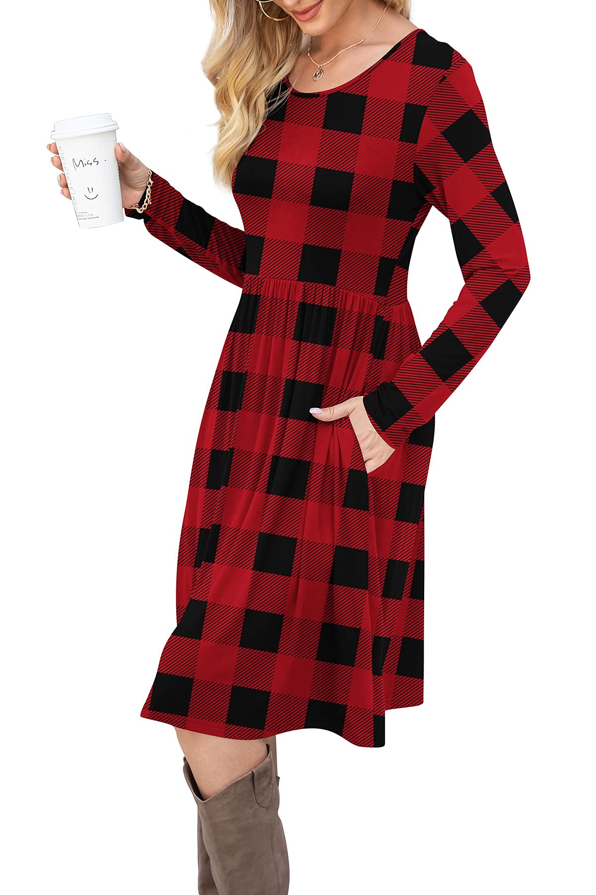 DB MOON 2026 Women Casual Long Sleeve Fall Dresses Empire Waist Knee Length Loose Dress with Pockets (Red Plaid, L)