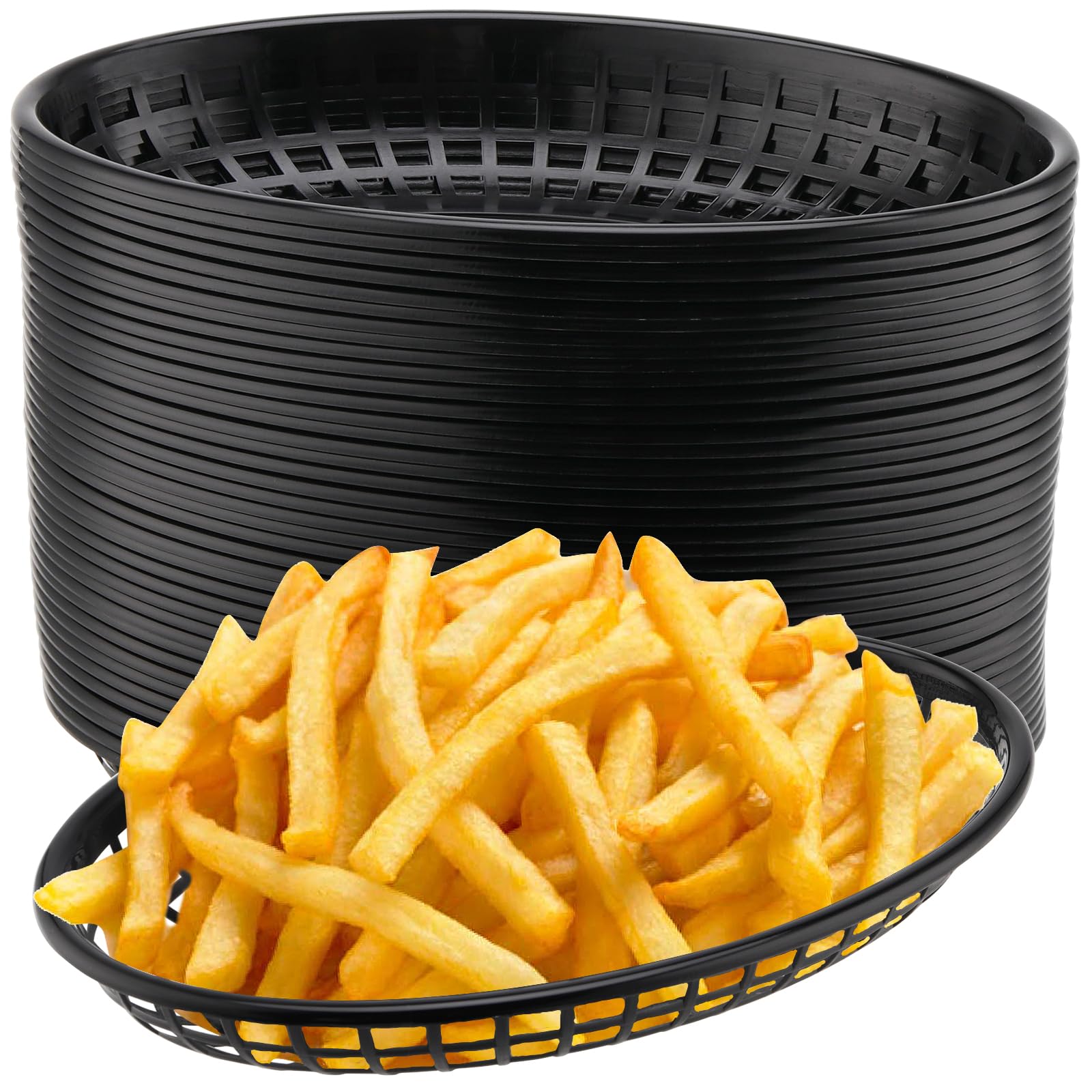 HEIHAK 40 Pack 8.9x5.7x1.6 Inch Black Plastic Fast Food Baskets, Restaurant Serving Baskets, Oval Fast Food Serving Tray for Picnic, Deli Serving, Chicken, Burgers and Fries