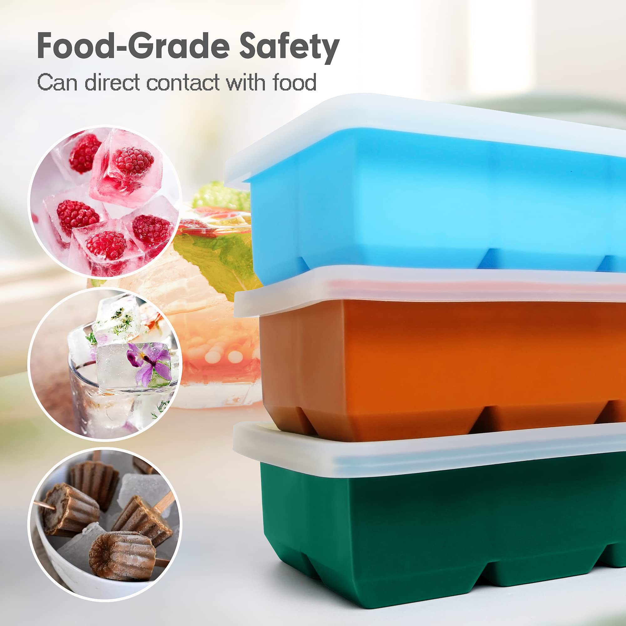 Excnorm Silicone Ice Cube Trays 3 Pack - Large Size Silicone Ice Cube Molds with Leak Proof Removable Lid Square Ice Cube Tray And BPA Free for Cocktail,Whiskey, Stackable Flexible Ice