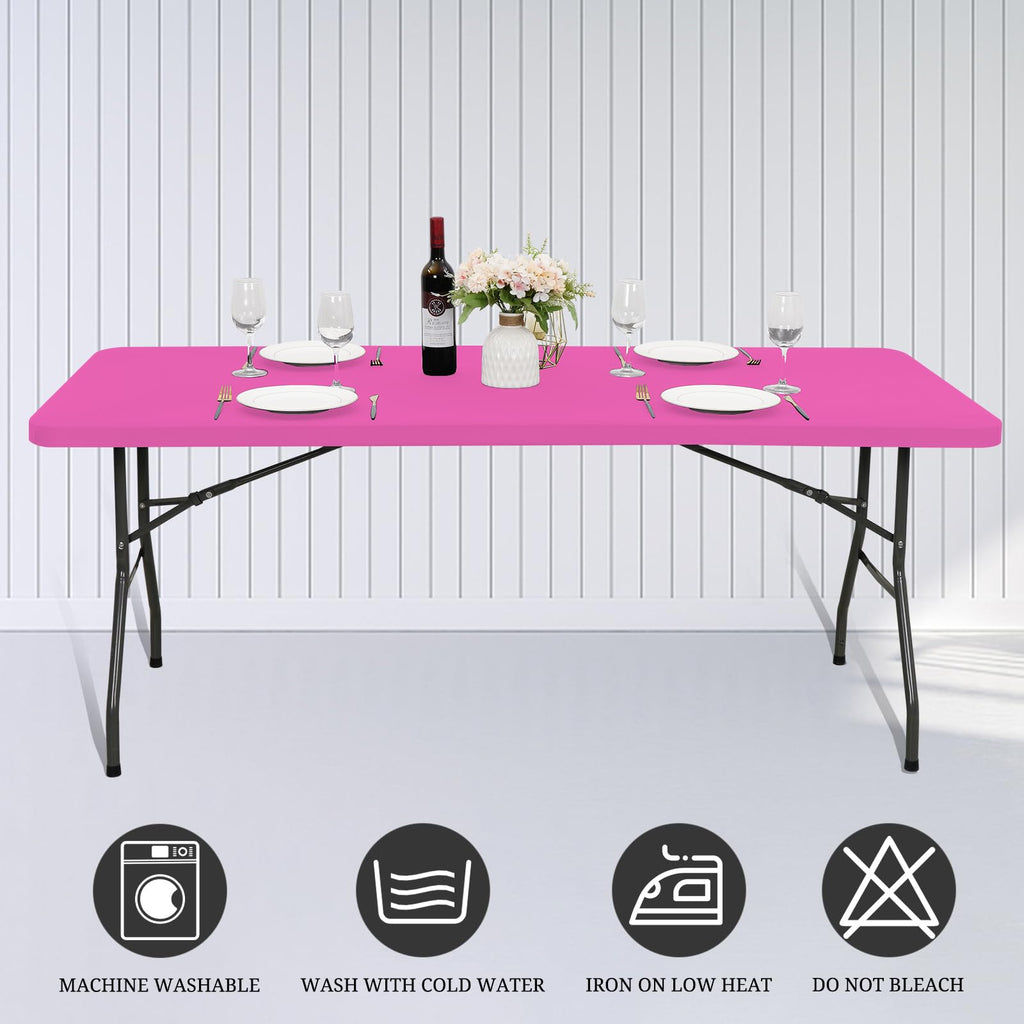 10 Pack Fitted Tablecloth for 8 Foot Rectangle Tables, Hot Pink Elastic Outdoor Picnic Table Cover, Washable Stretch Folding Table Cloths 8 ft for Camping Party Patio Kitchen Banquet, 30" W x 96" L