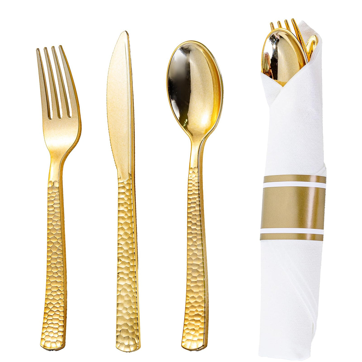 WELLIFE 75 Pack Gold Plastic Cutlery,Pre Rolled Silverware Set Disposable,Gold Disposable Utensils,Includes: 75 Forks, 75 Knives, 75 Spoons, 75 Napkins, Plastic Silverware