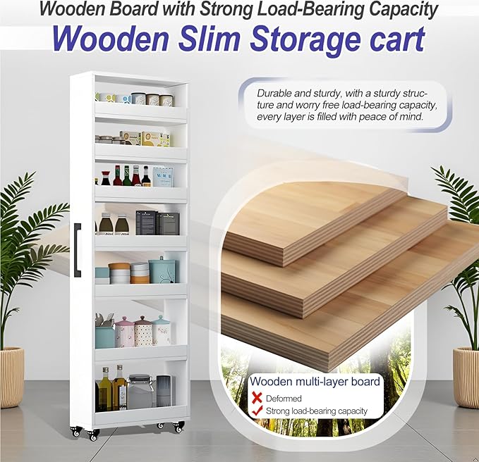 7-Tier Slim Storage Cart, Wooden Rolling Pantry Cabinet with Wheels, Narrow Shelf Organizer for Kitchen, Bakers Rack, Dining Room, Closet, Small Spaces Warm White 47.2" H*5.9" W*16.9" D