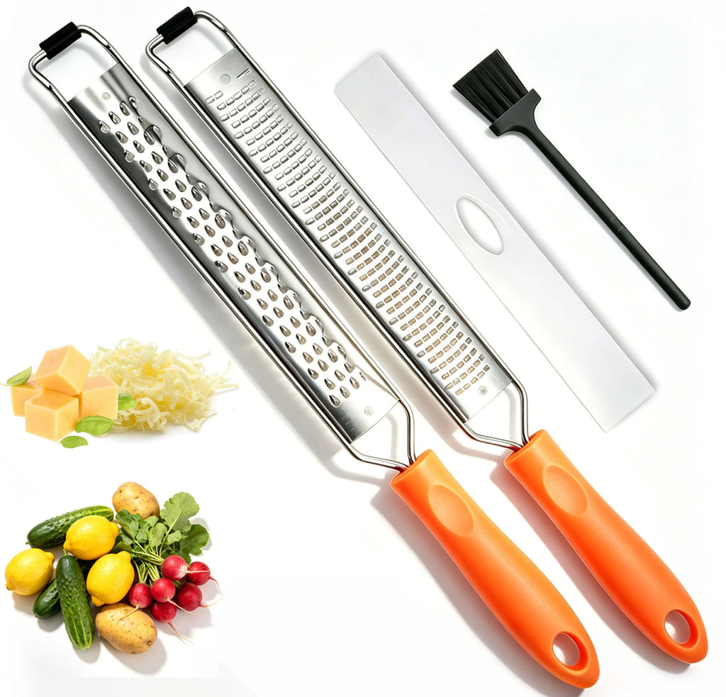 Lemon Zester & Cheese Grater Set of 2,Kitchen Zester Tool for Cheese,Lemon,Nutmeg, Chocolate, Fruits, Vegetables With Protective Cover (Orange)