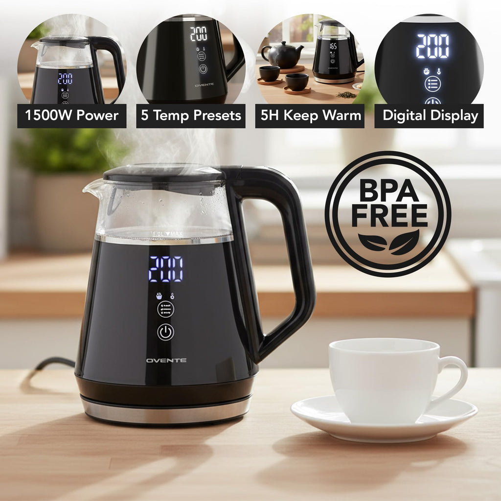 OVENTE 1L Electric Kettle with Temperature Control, 1500W, Black KD95B