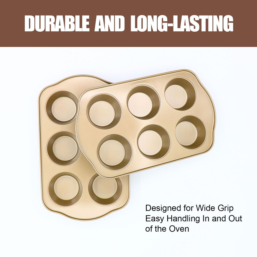 JOHO BAKING Jumbo Muffin Pan 2 Pack, Nonstick Large Cupcake Pan 6 Cup, Heavy Duty 0.5mm Thick Steel Big Muffin Tins for Baking, 3.5inch Dia, Gold