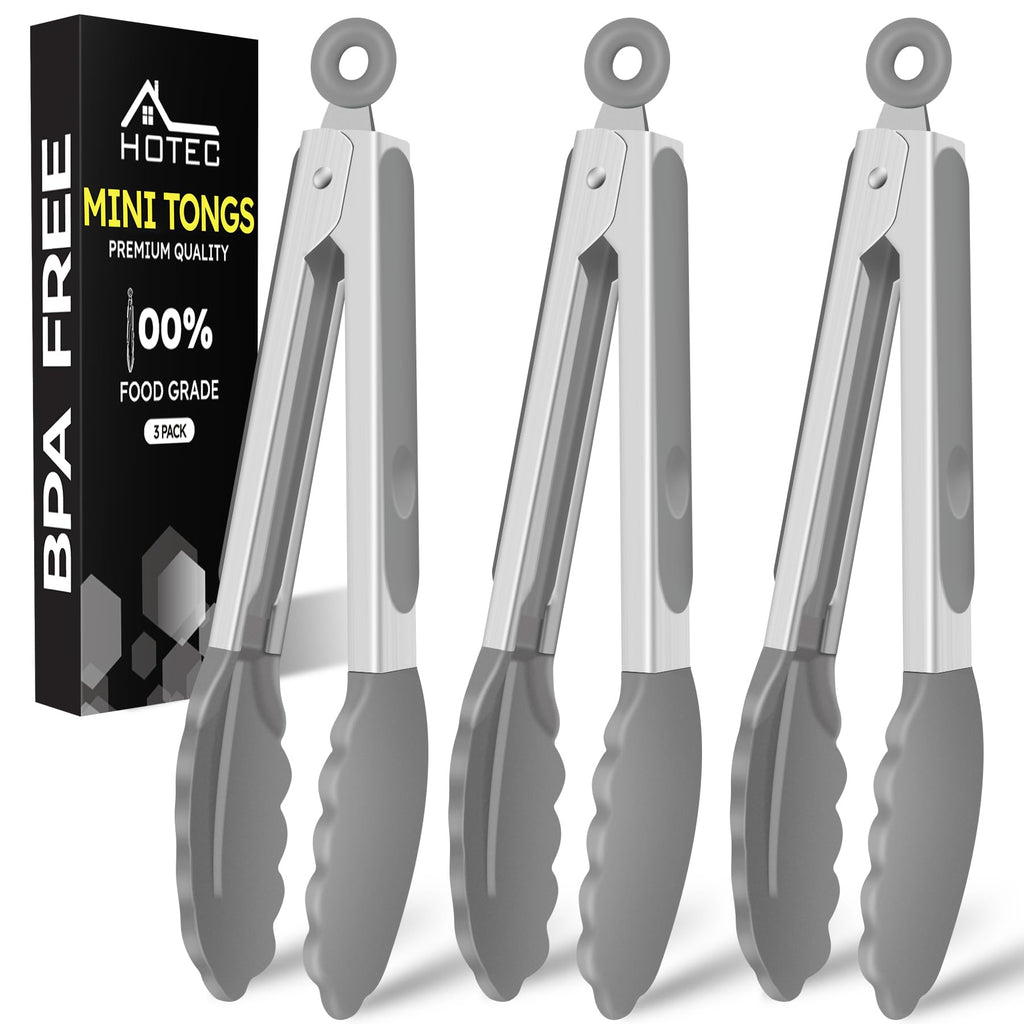 HOTEC Small Silicone Kitchen Tongs 7-Inch Mini Serving Tongs, Set of 3