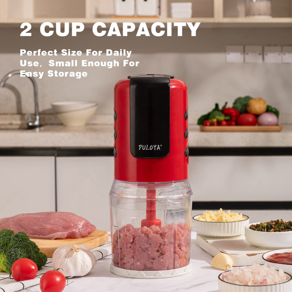 PULOYA Mini Prep Food Processor 2 Cup Small Electric Food Chopper 2 Speed for Vegetables, Meat, Fruits and Nuts with 4 Stainless Steel Blades, 400-Watt, Red