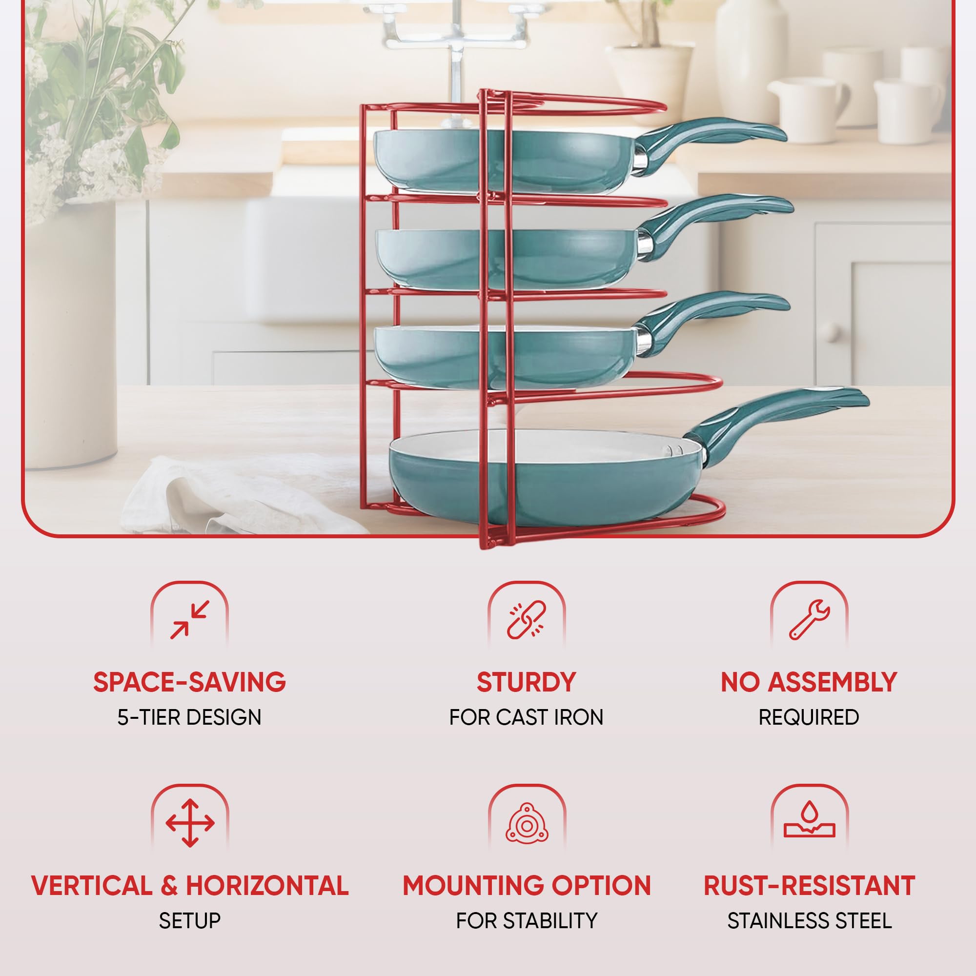 Extreme Matters Heavy-Duty Pots and Pans Organizer | 5-Tier Cookware & Lid Storage Rack | Free-Standing or Wall-Mount | Kitchen Organizer for Cast Iron Skillets, Pots, Frying Pans, Lids | Red