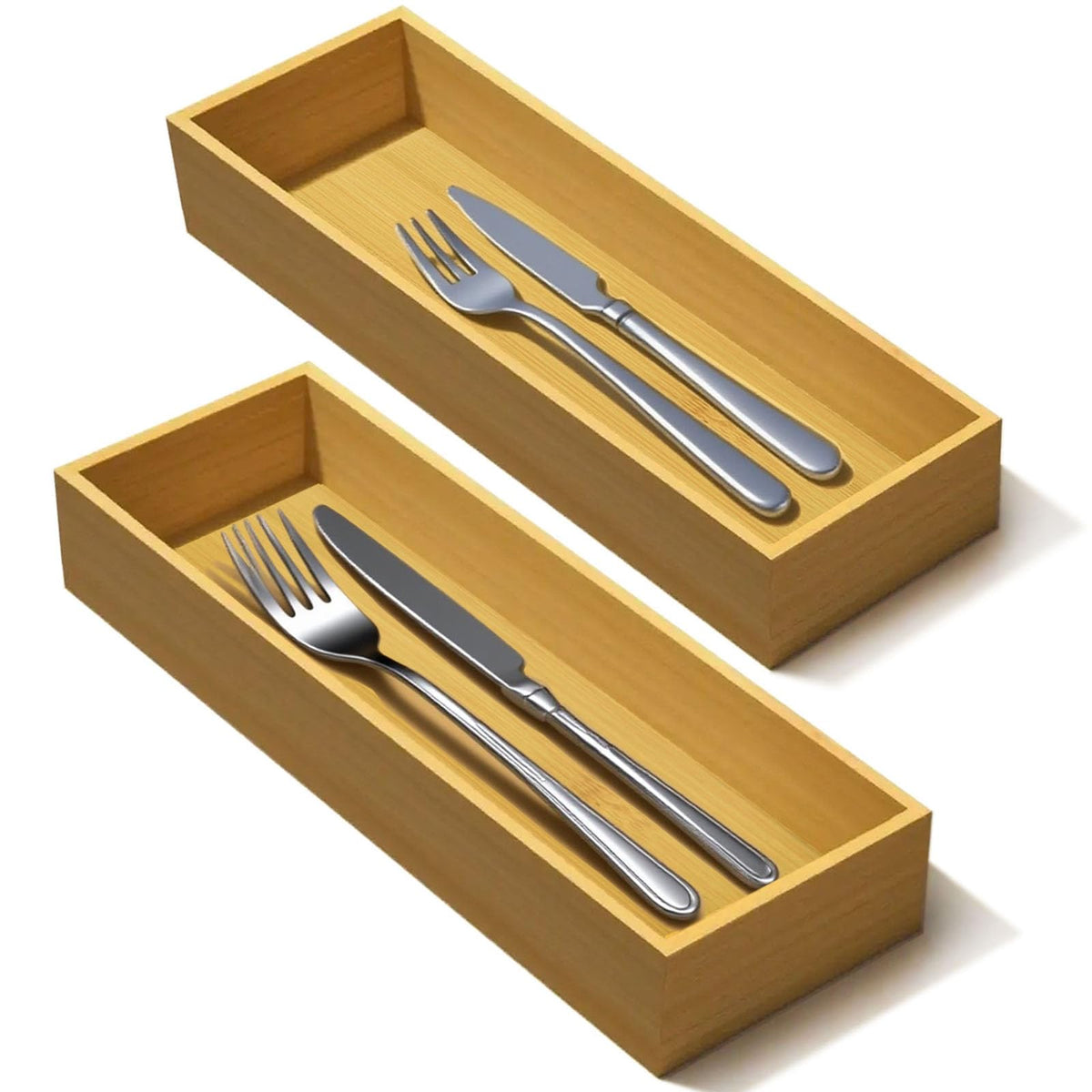 guiogc Bamboo Drawer Organizer, Utensil Organizer for Kitchen, Bamboo Storage Box Wood Silverware Tray for Drawer Set of 2