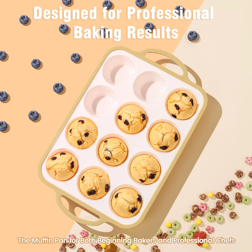 Fimary Silicone Muffin Pans for Baking 2 Pack, 2.6 Inch with Metal Reinforced Frame, Regular Size Nonstick Cupcake Pan 12 Cups for Baking Homemade Muffins, Dishwasher Safe BPA Free-Light Yellow