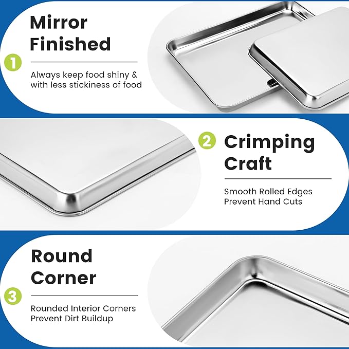6 Pack Stainless Steel Baking Sheet Pans, 17.3" L × 12.2" W × 1" H Cookie Sheets for Toaster Oven, Rust-Resistant, Dishwasher Safe