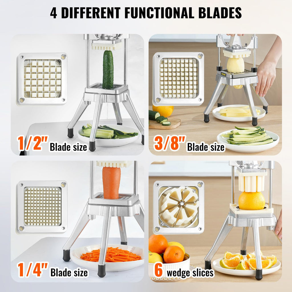 VEVOR Commercial Vegetable Fruit Chopper, Stainless Steel French Fry Cutter w/ 4 Blades 1/4" 3/8" 1/2", Vegetable Chopper Dicer w/Stainless Bowl, Heavy Duty Cutter for Potato Tomato Onion Mushroom