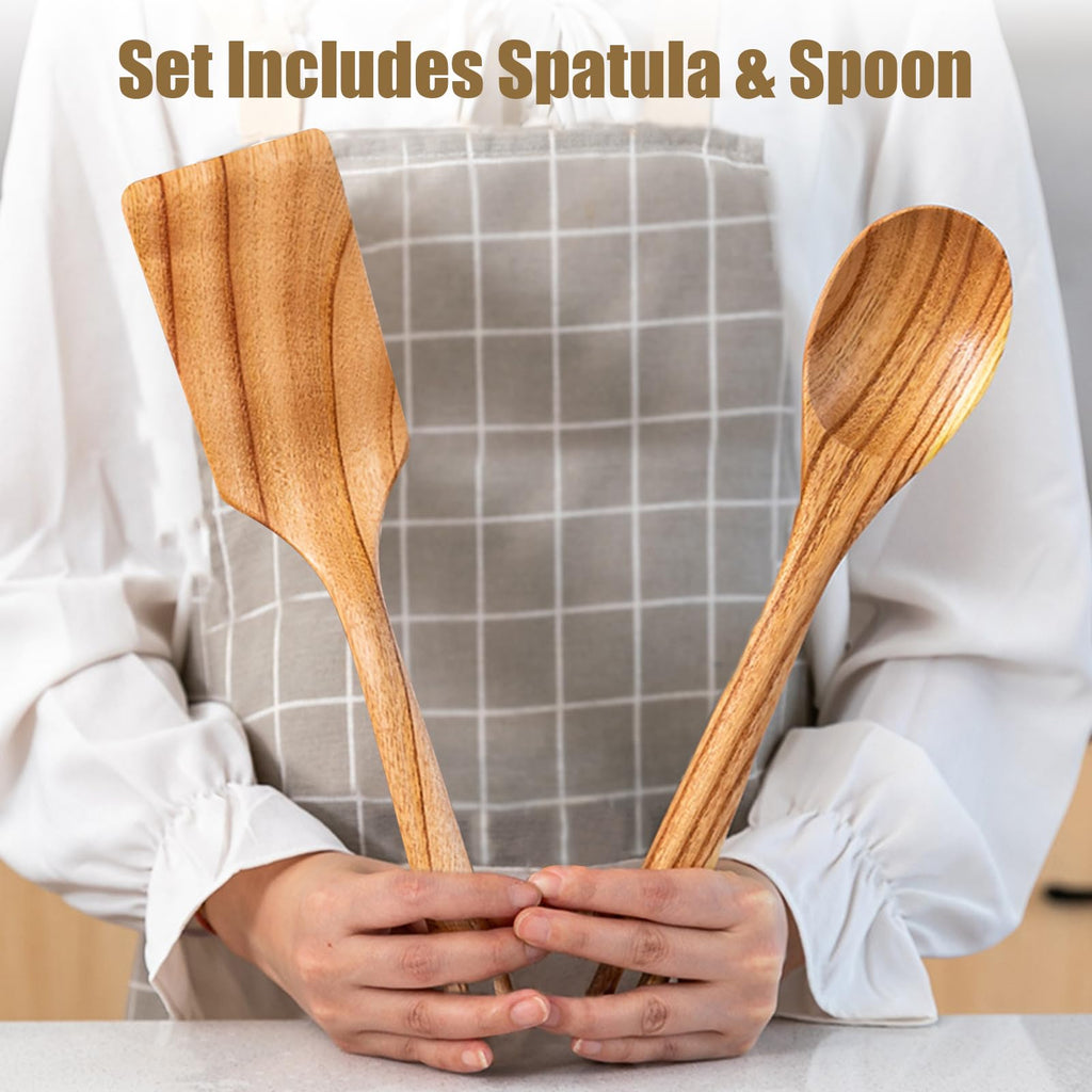 Zenxylo Wooden Spoons for Cooking, Wooden Cooking Spatula Turner and Spoon Set, 2-Piece, Sturdy, Lightweight and Heat Resistant
