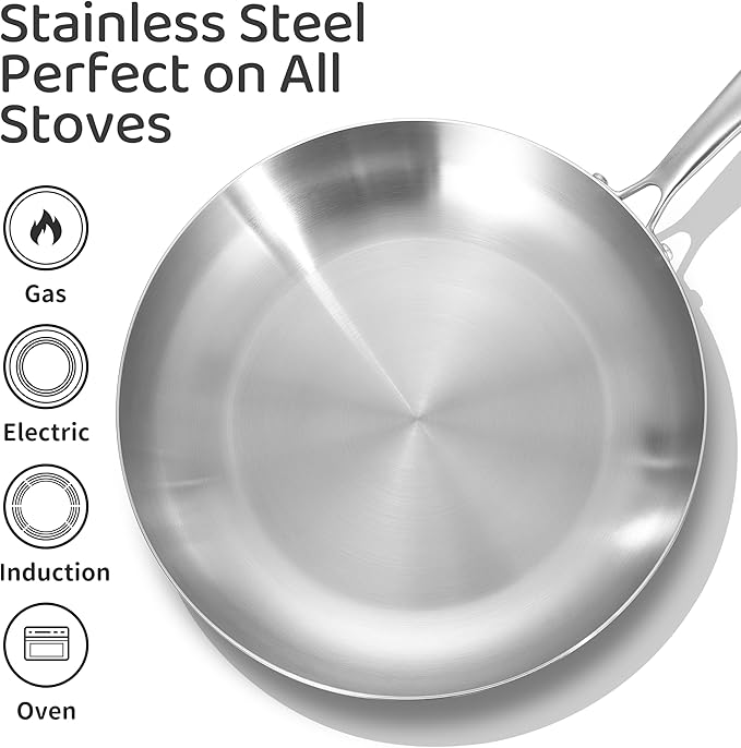LOLYKITCH 10 Inch Tri-Ply Stainless Steel Frying Pan,Skillet,Chef's Induction Pan,Dishwasher and Oven Safe.