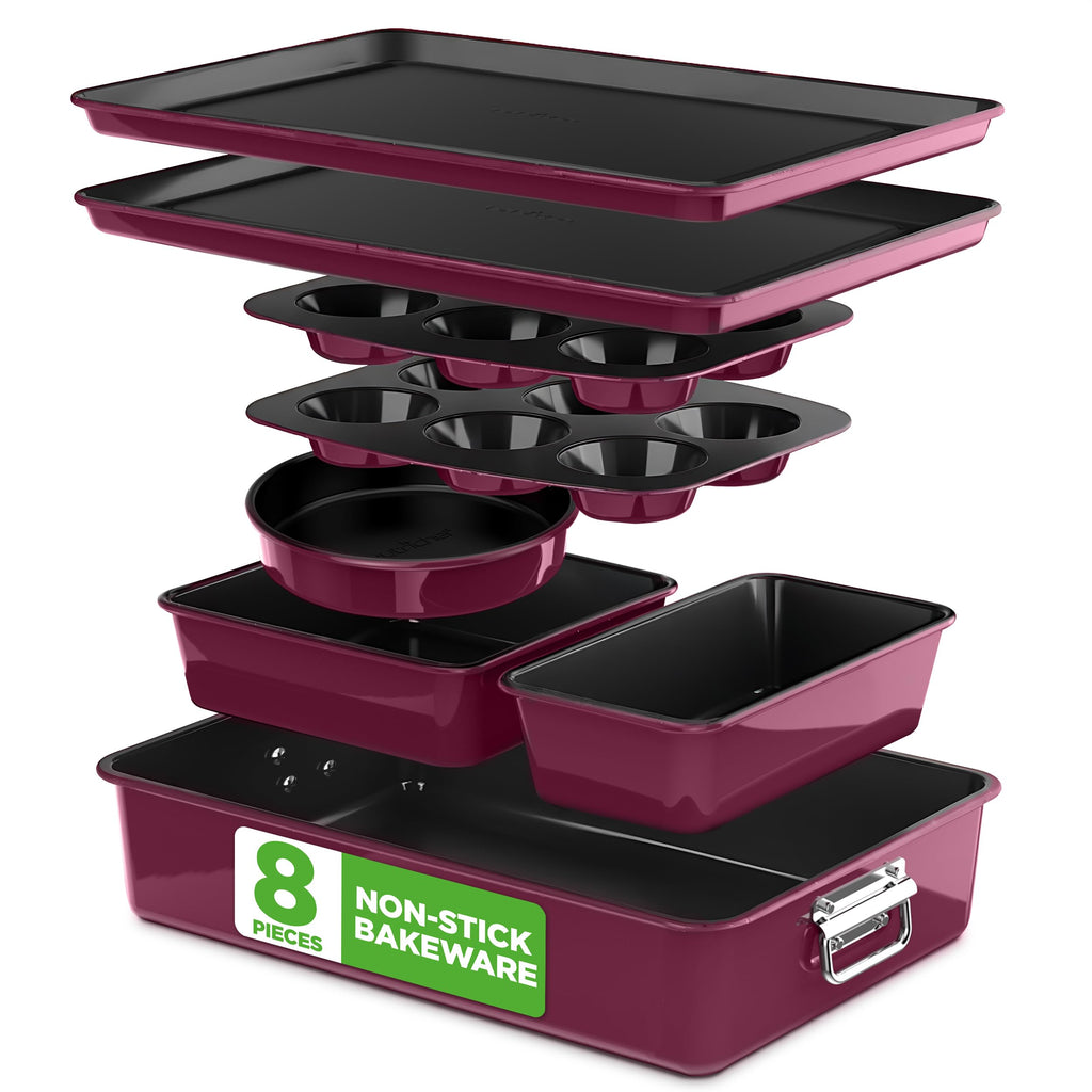 NutriChef 8-Piece Nonstick Stackable Bakeware Set - PFOA, PFOS, PTFE Free Baking Tray Set w/Non-Stick Coating, 450°F Oven Safe, Round Cake, Loaf, Muffin, Wide/Square Pans, Cookie Sheet (Blue)