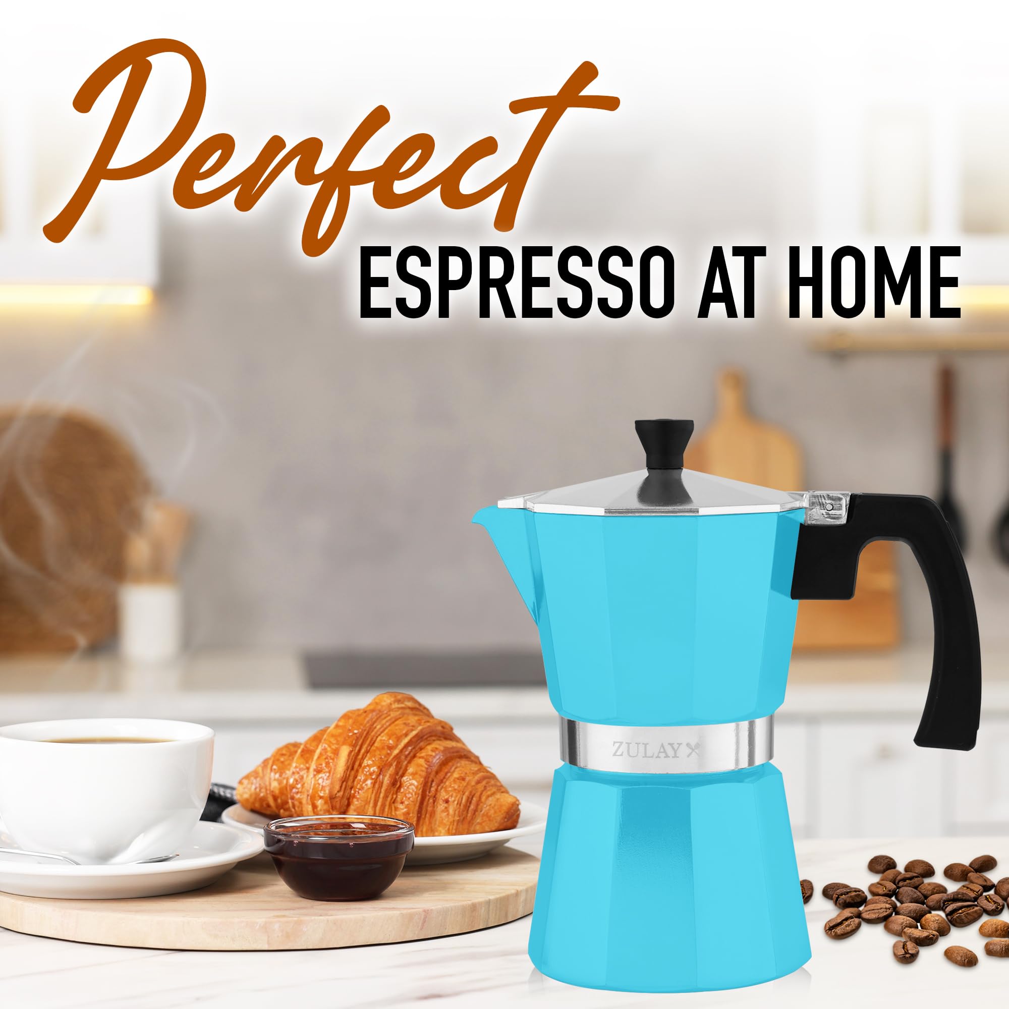 Zulay Premium Moka Pot Espresso - Leak-Proof Stovetop Espresso Maker - Perfect for Authentic Cuban & Italian Style Espresso - Makes 6 Espresso Cups - Light Blue