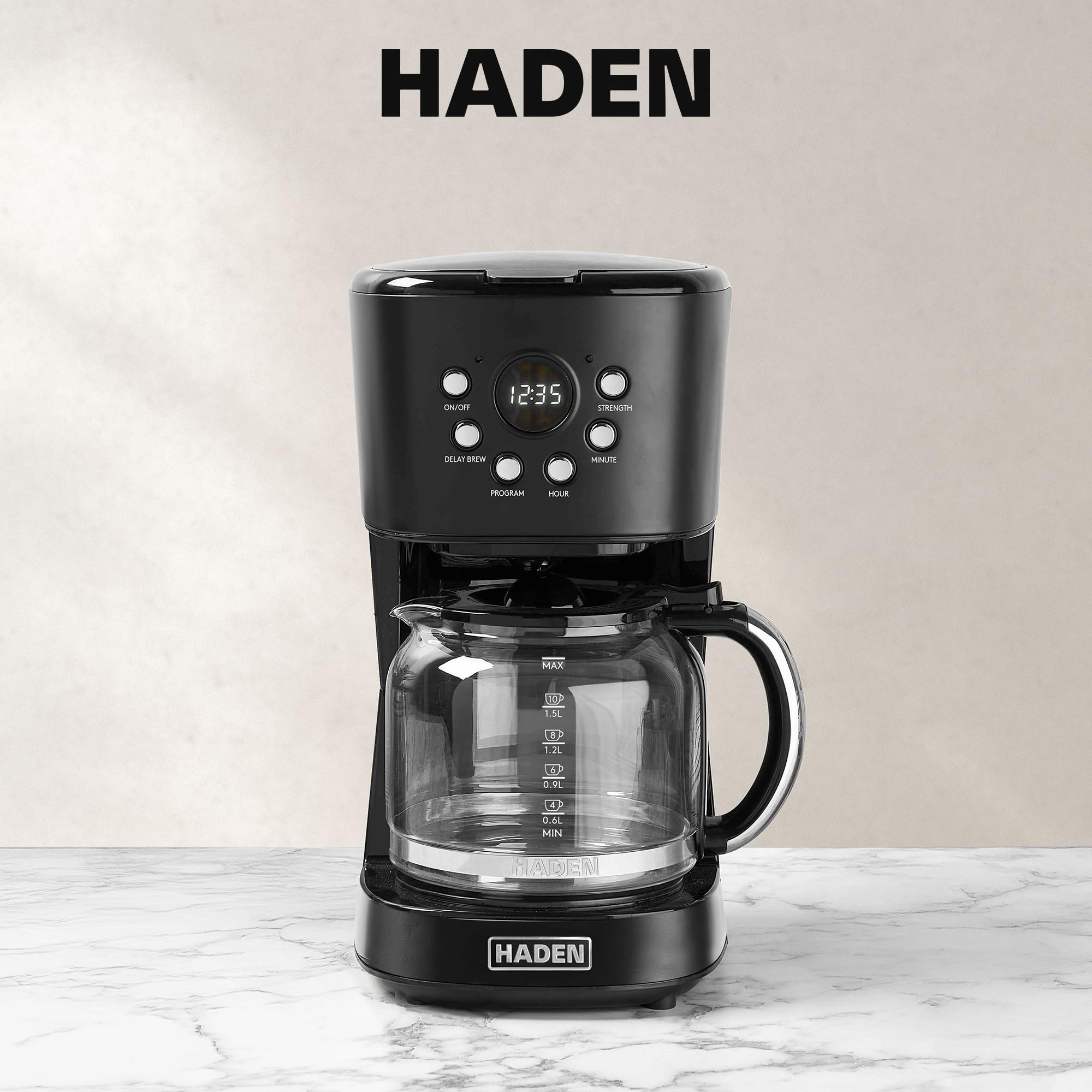 HADEN Coffee Machine, 12 Cup Programmable Drip Coffee Maker with Auto Shut-Off Function and Reusable Washable Water Filter, Black & Chrome