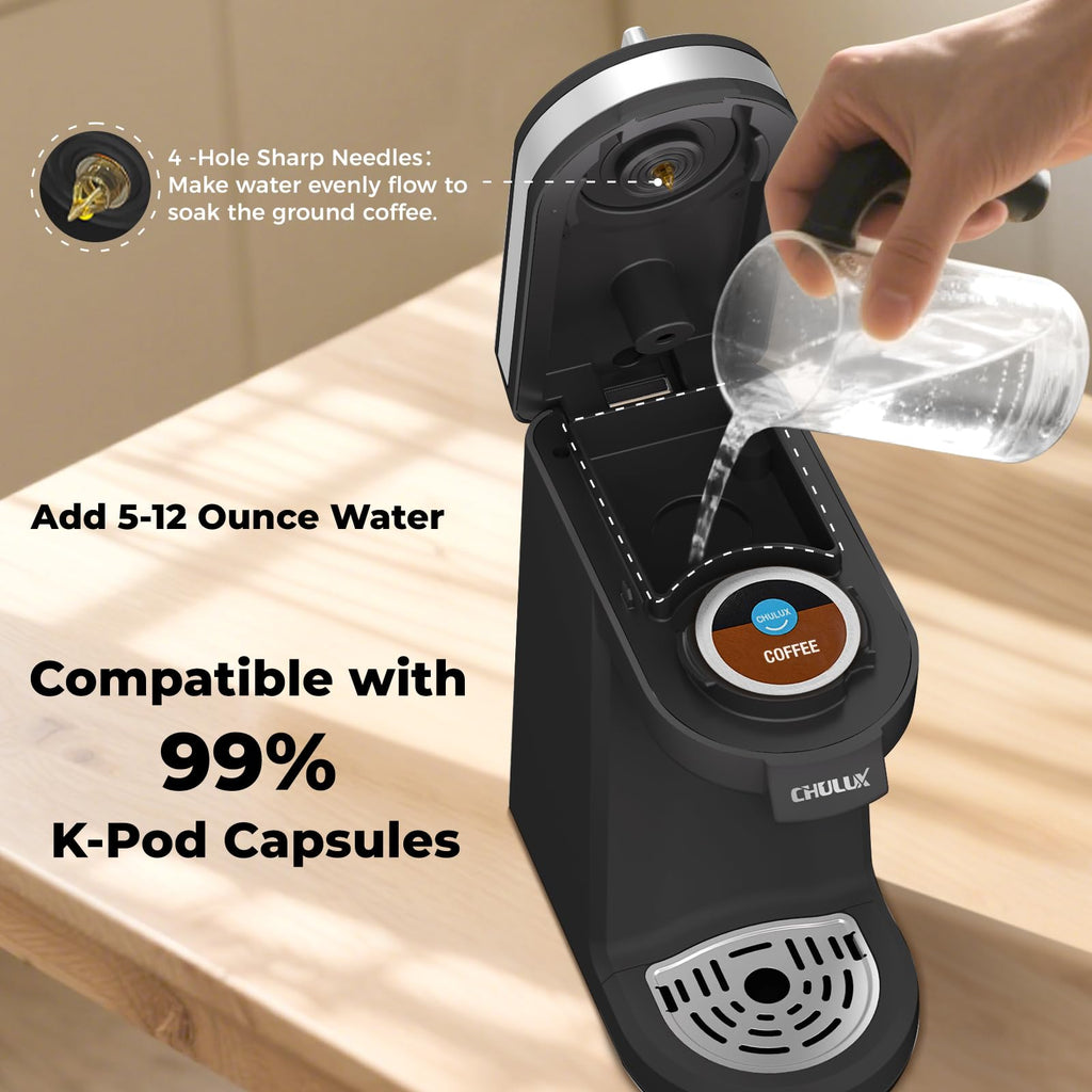 CHULUX Mini Single Serve Coffee Maker for K Pod, Brew Up to 12oz Cup, Black