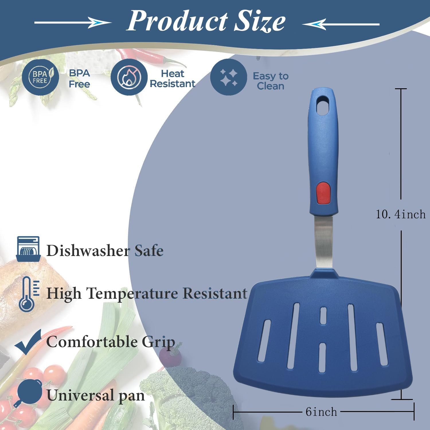 Contiup Silicone Spatula Turner, High Heat Resistant Rubber Baking Spatula, Non-Stick Slotted Wide Fish Slice Spatulas for Cooking, Large Kitchen Utensil for Pancake Omelette Egg - Hazy Blue