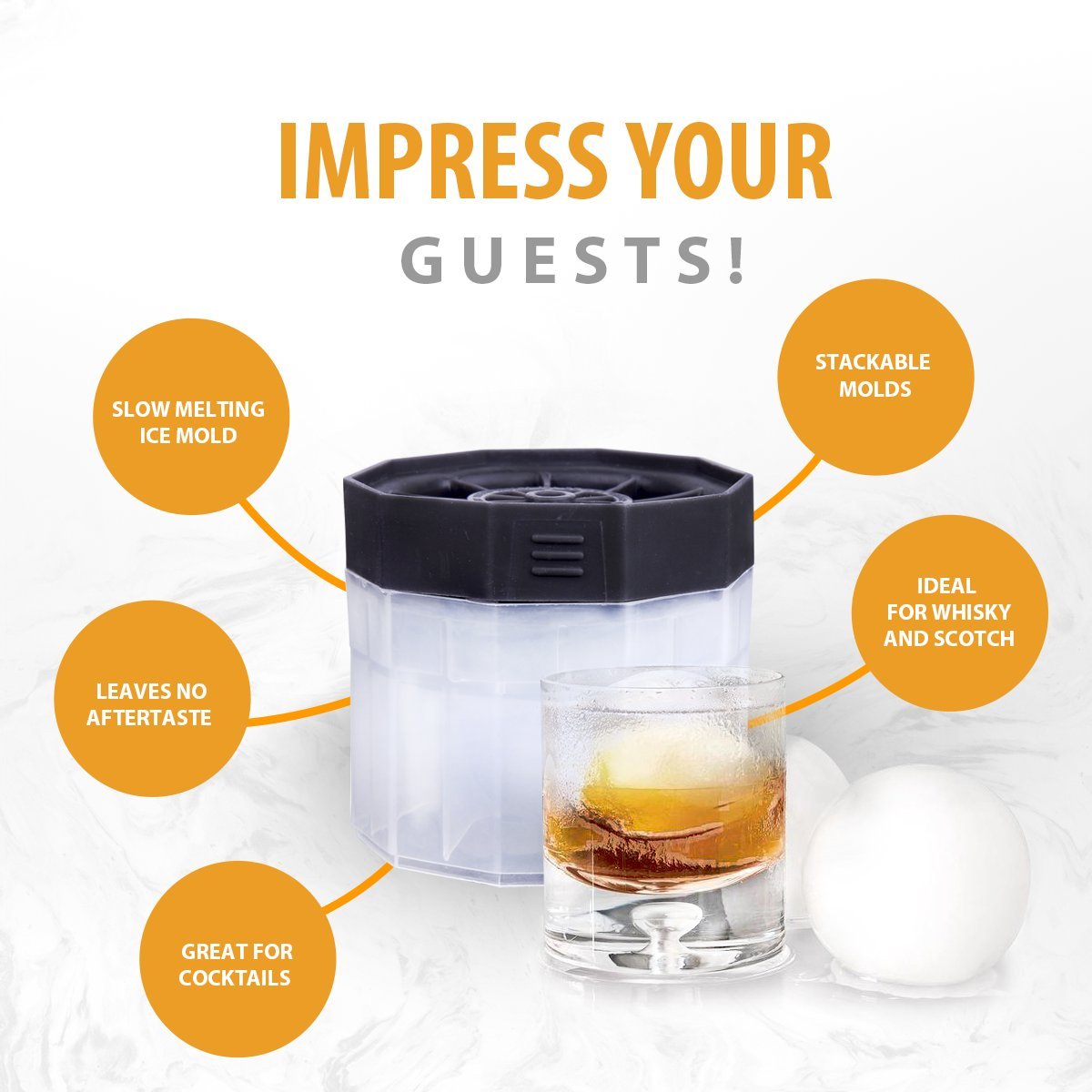 PREMIUM Ice Ball Molds, Round 2.5 Inch Ice Spheres. Stackable Slow Melting Round Ice Cube Maker for Whiskey and Bourbon (6, Multi)