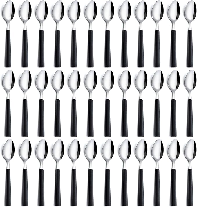 Pleafind 36Pcs Dessert Spoons Set (7.4 inches), Stainless Steel Mirror Polished Spoon with Black Frosted Handle, Spoons Silverware for Home, Kitchen, Restaurant, Dishwasher Safe