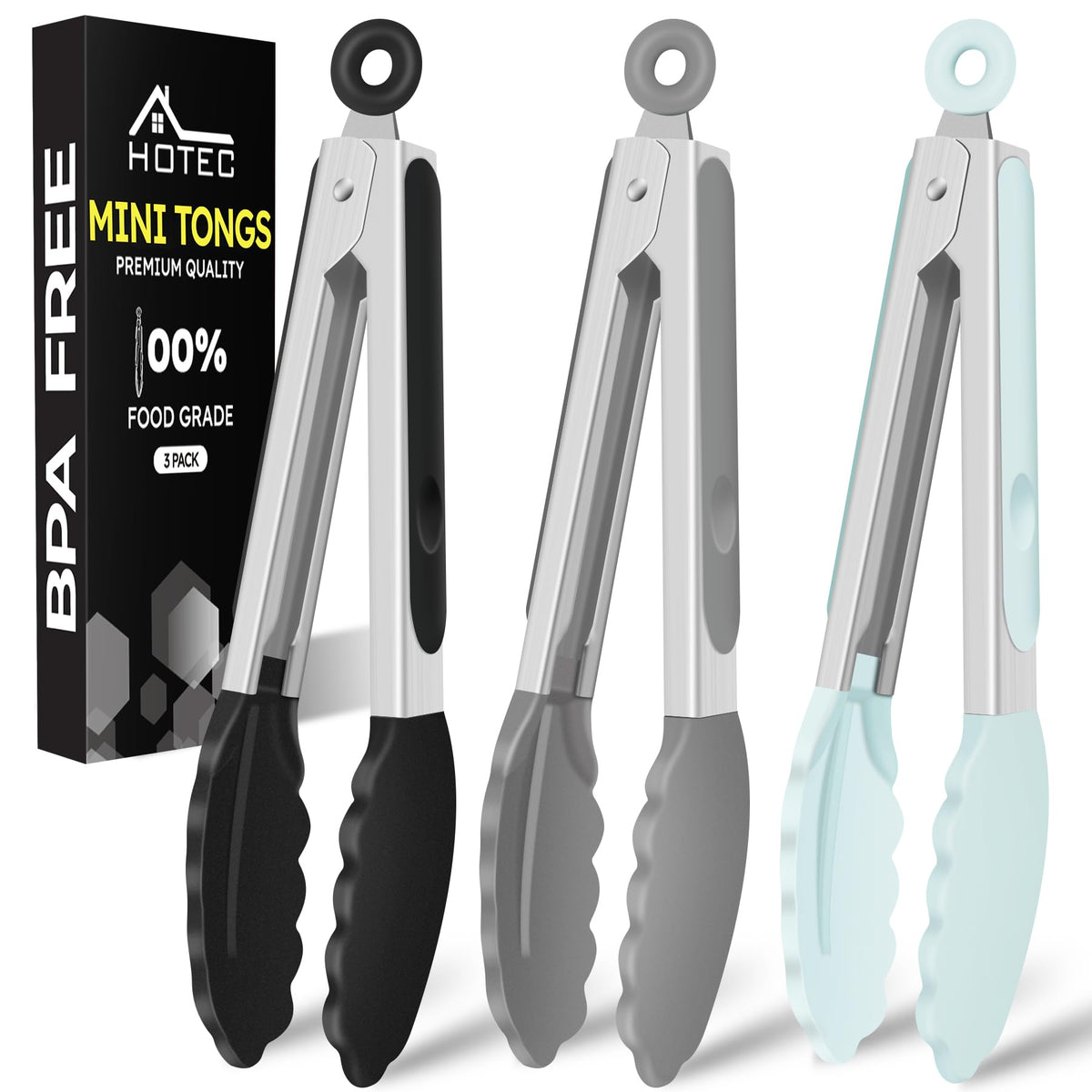 HOTEC Small Silicone Kitchen Tongs 7-Inch Mini Serving Tongs, Set of 3