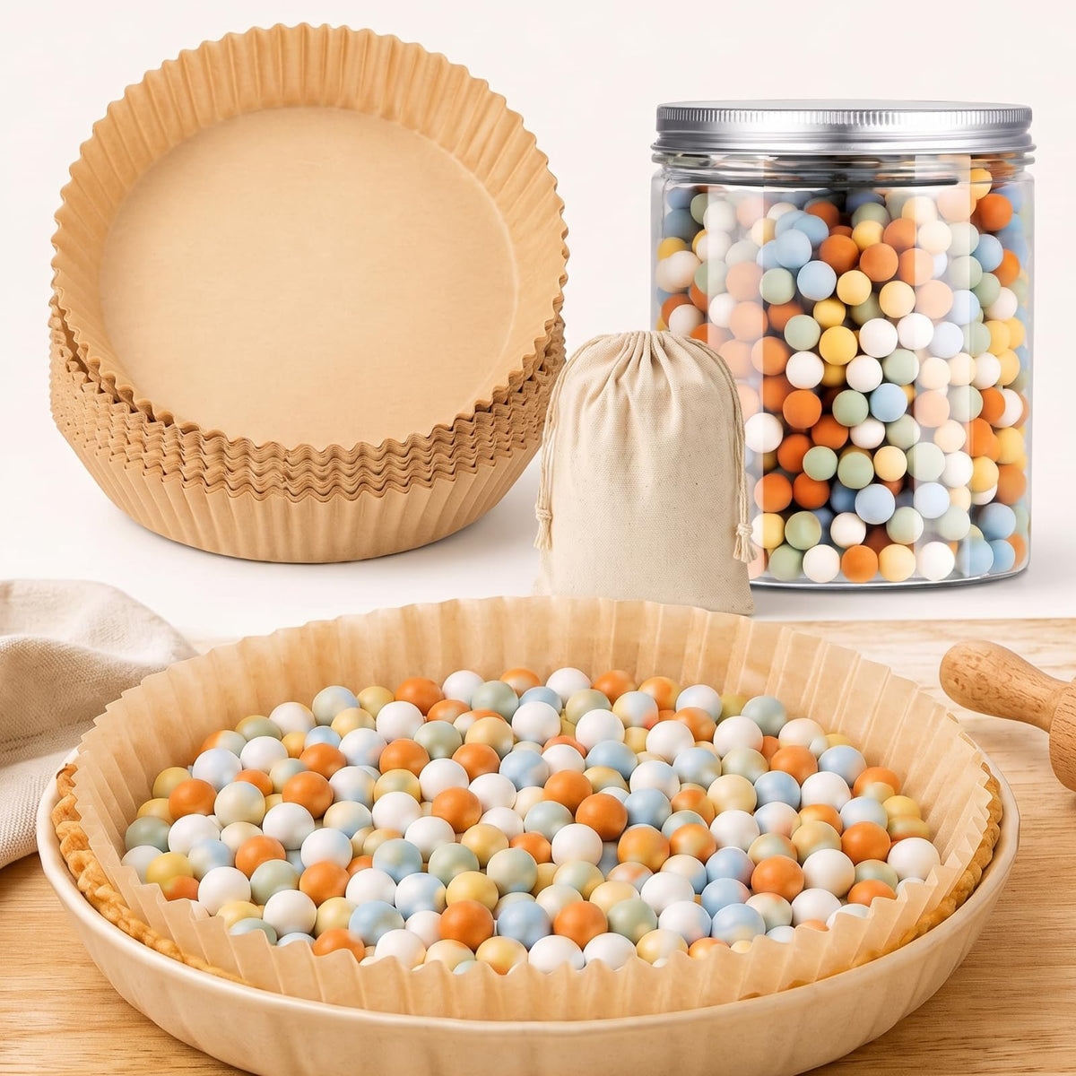Patelai 1 Pcs 2 lb Pie Weights Ceramic, 50 Pcs Parchment Paper, White