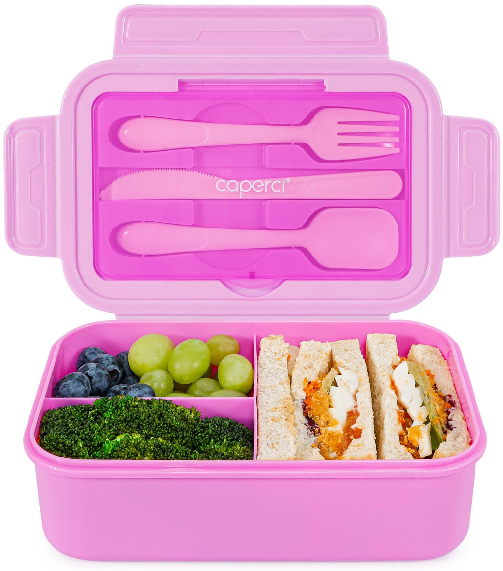 Caperci Classic Bento Lunch Box for Kids & Adults - Leakpoof 47oz Food Lunch Containers for Girls Women, 3-Compartment, Built-in Utensil Set, BPA-Free, Dishwasher/Microwave Safe (Vivid Orchid)