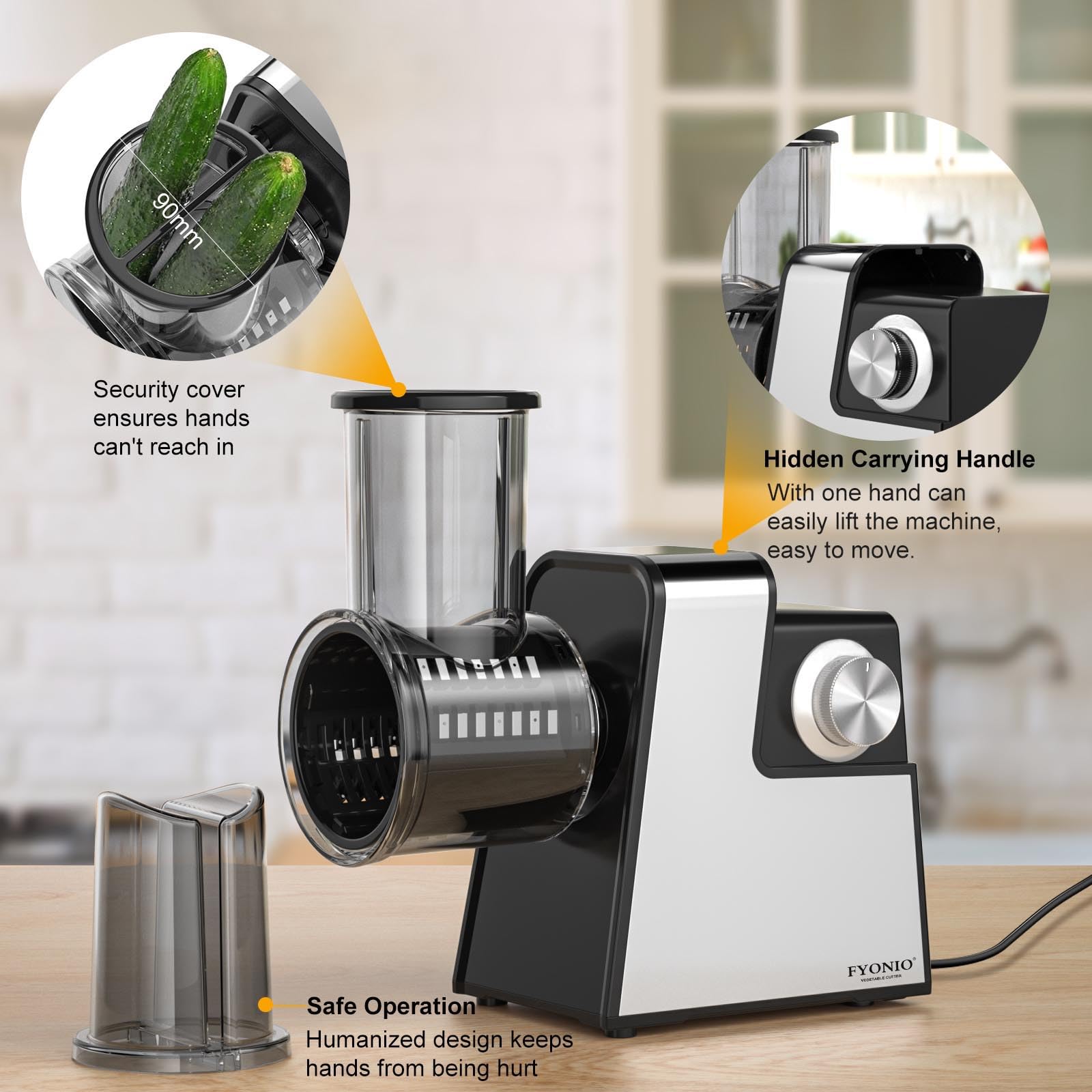 FYONIO Electric Cheese Grater, 5 in 1 Salad Maker with Stainless Steel Blades, 250W Electric Food Slicer & Shredder, Electric Salad Machine for Cheeses, Fruits, Potatoes, Carrots