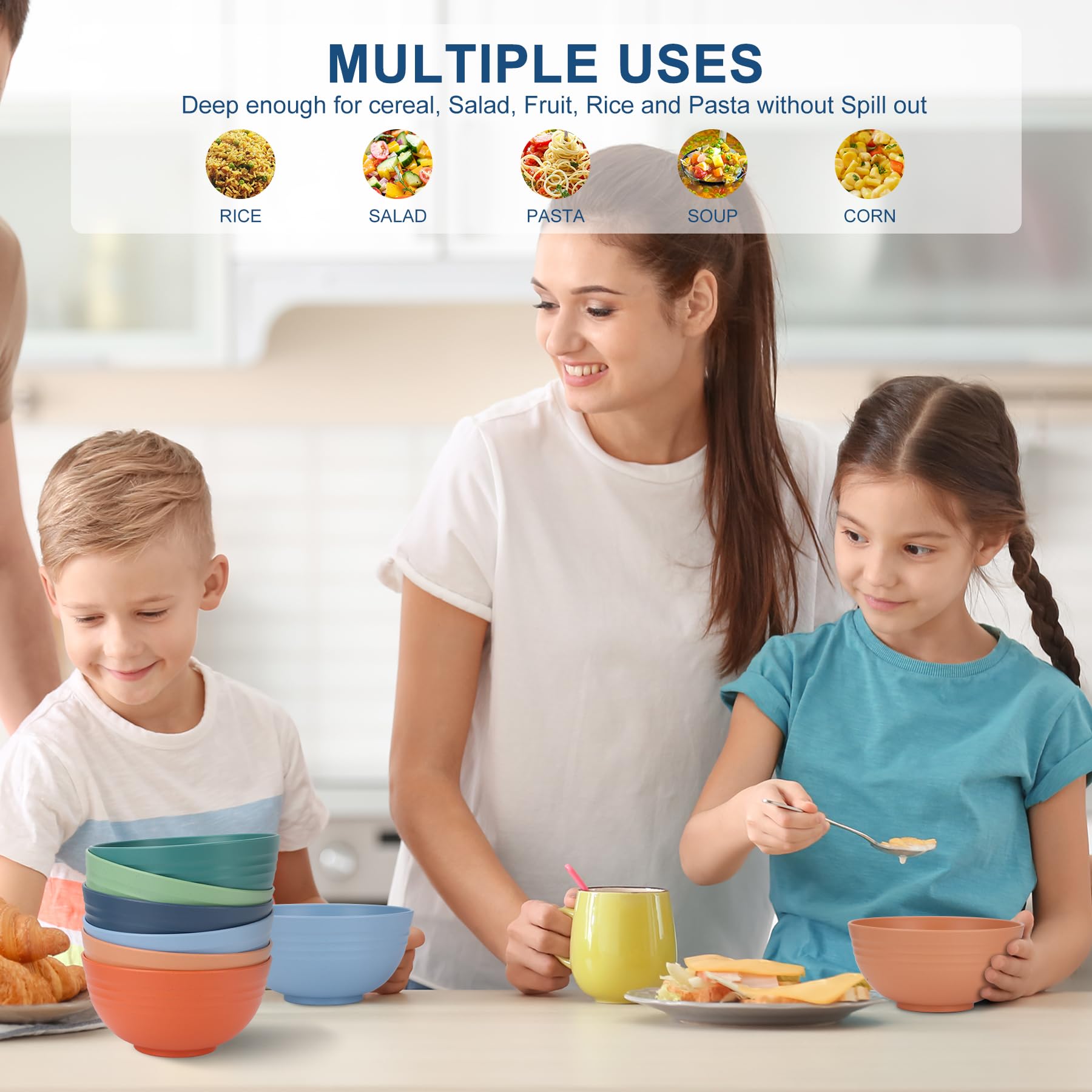 HOTEC 12-PACK BPA Free Unbreakable Plastic Cereal Bowls - Microwave & Dishwasher Safe Soup Salad Camping Bowls, 26OZ, Multicolor