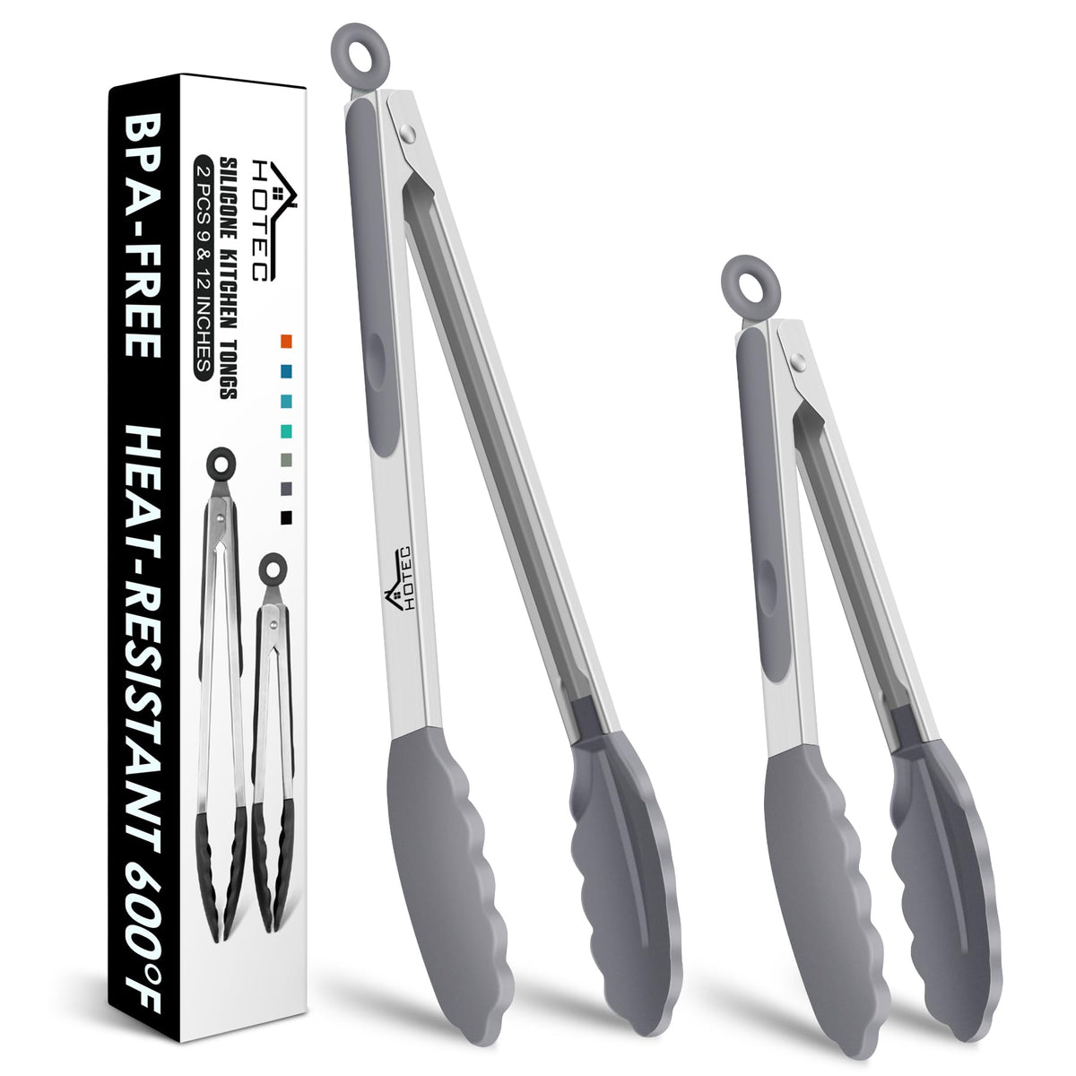 HOTEC Stainless Steel Kitchen Tongs with Silicone Tips, Set of 3-7",9" &12"