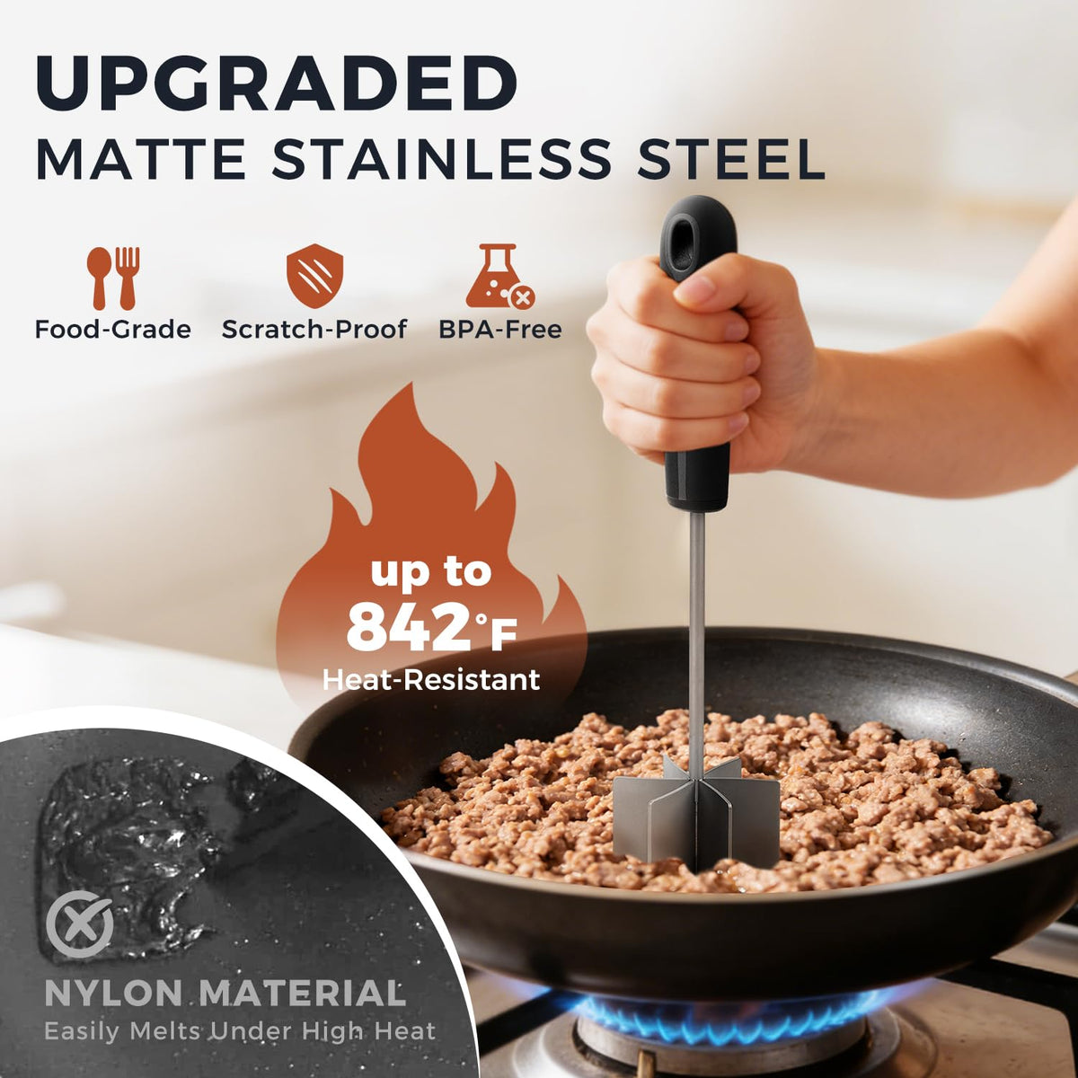 304 Stainless Steel Meat Chopper & Masher, Coinicxcel 10 Inch Heat Resistant Ground Beef Chopper Tool with 6 Curve Blades & Ergonomic Non-Slip Handle, Heavy-Duty Hamburger Smasher Tool Dishwasher Safe