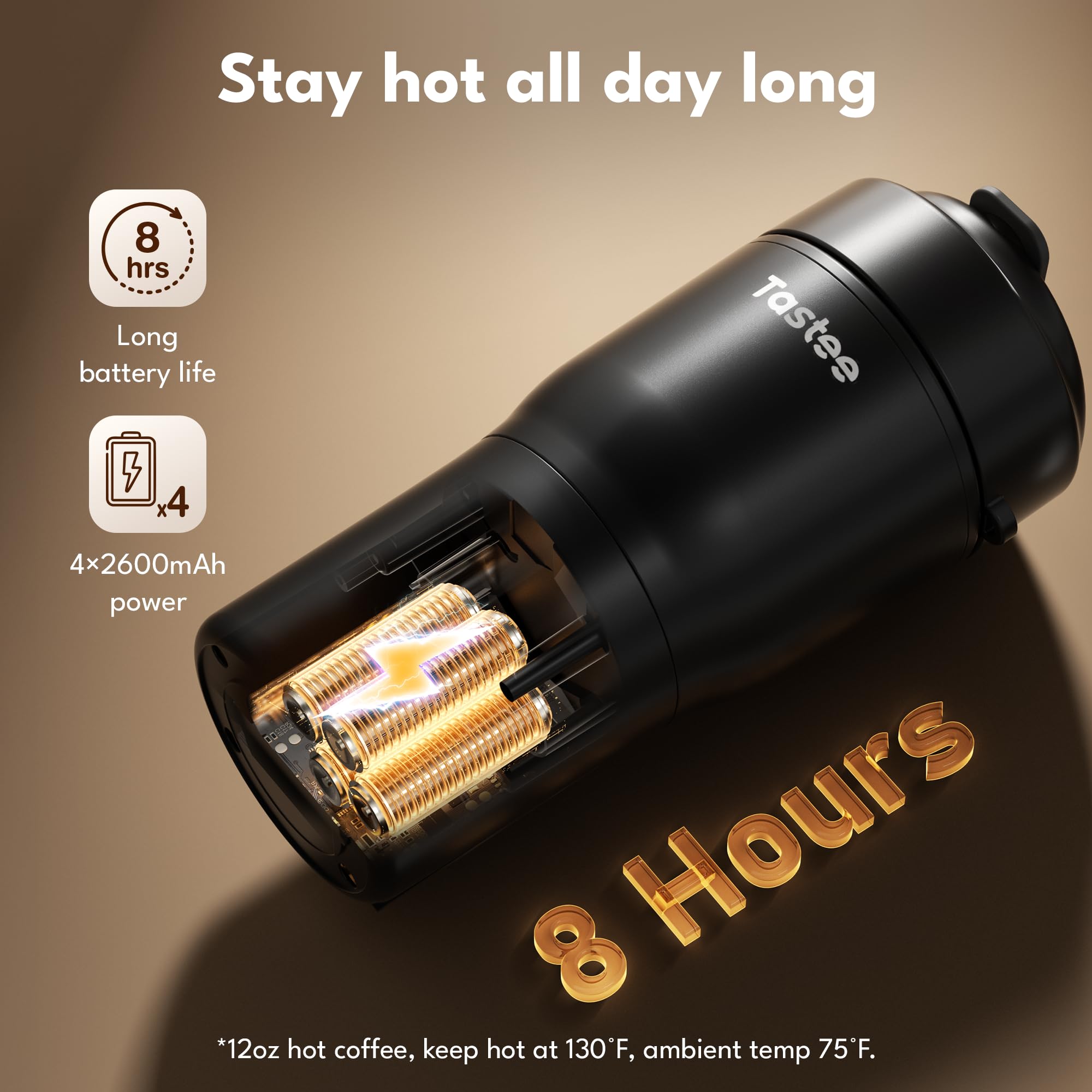 Tastee Heated Coffee Mug – 12oz Portable Travel Mug with 1℉ Precise Temperature Control, 8-Hour Heat Retention, 30W Fast Charging, Leak-Proof, Wide Mouth, Gift-Ready for Office, Home & Outdoor(Black)