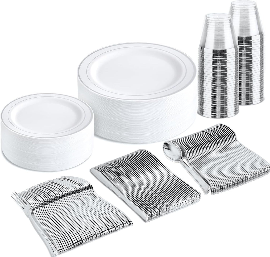 bUCLA 600PCS Clear Rose Gold Plastic Dinnerware Set Disposable - Include 100 Dinner Plates, 100 Dessert Plates, 100 Knives, 100 Forks, 100 Spoons, 100 Cups for Party & Wedding