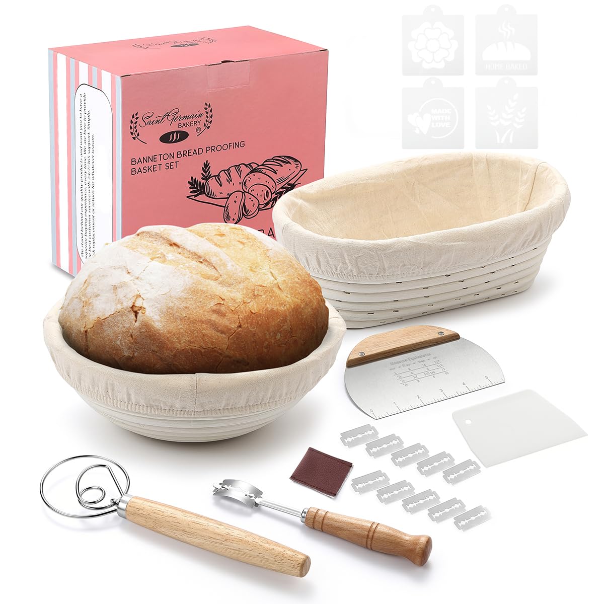 Saint Germain Bakery Premium Round Bread Banneton Basket with Liner - Perfect Brotform Proofing Basket for Making Beautiful Bread - (9 in. Round/10 in. Oval)
