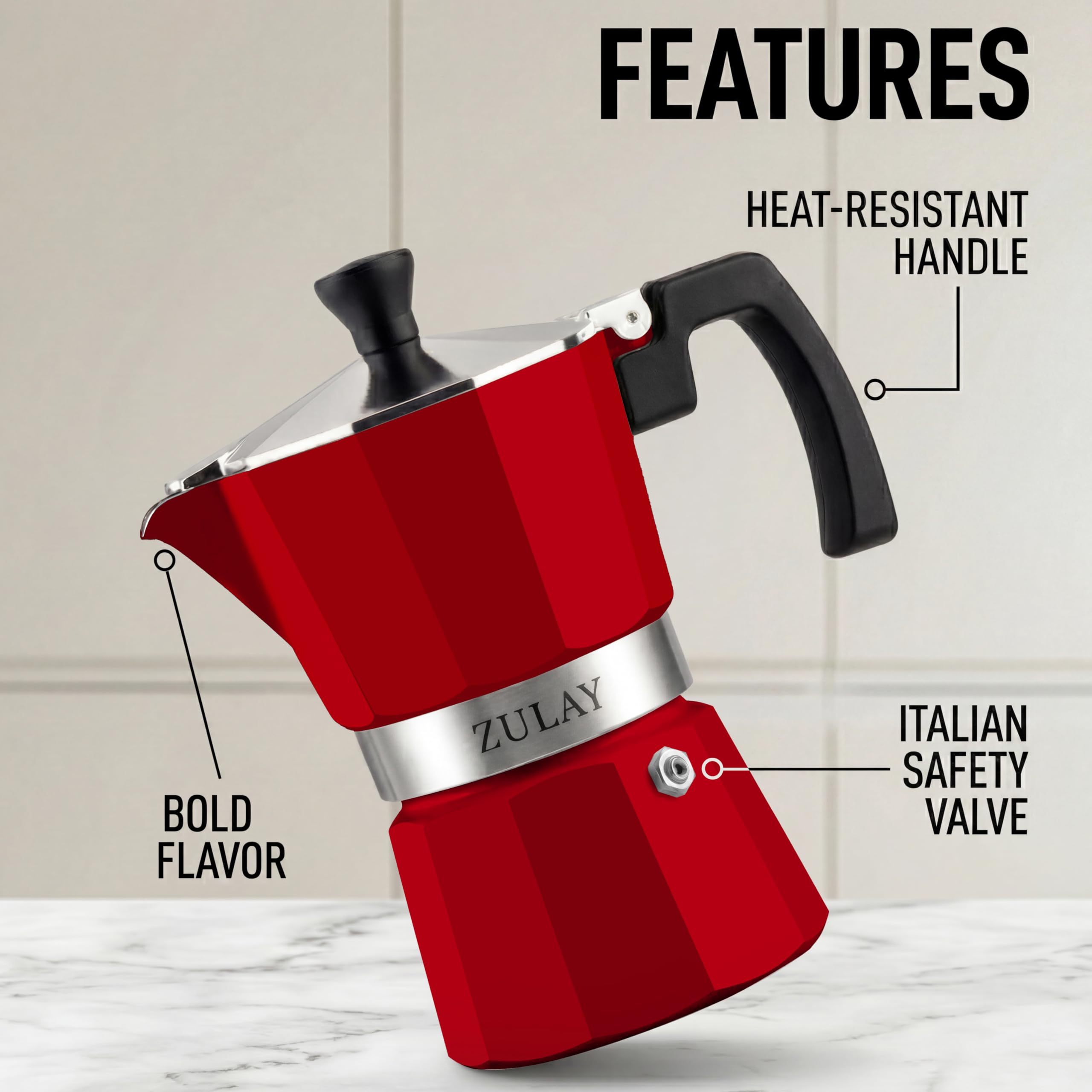 Zulay Moka Pot Espresso Stovetop Coffee Maker - Leak-Proof, Stainless Steel, Easy to Clean, Heat Resistant Handle & Knob - for Authentic Cuban & Italian Style Espresso - Makes 3 Espresso Cups - Red