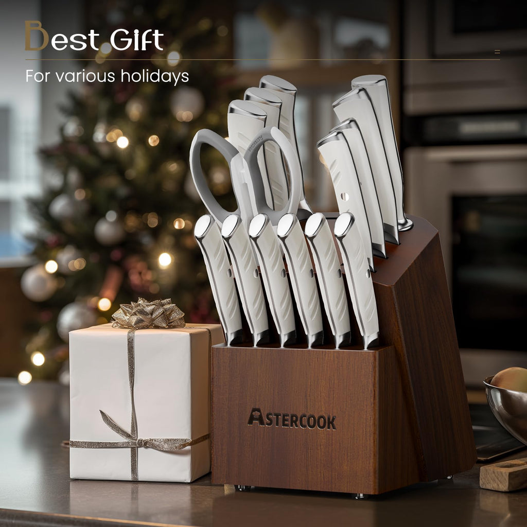 Knife Set, Astercook Kitchen Knife Set with Block, 15 Pcs Luxurious High Carbon German Stainless Steel Knives Set with Full Tang Ergonomic Handle, Dishwasher Safe Knife Set with Sharpening Rod, White