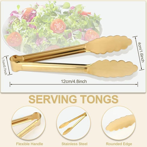 4 Pack Gold Tongs for Serving Food, 9 Inch Serving Tongs for Buffet, Party Salad Tongs for Stainless Steel Utensils, Metal Kitchen Tong for Steak, Appetizer, Snack and Small Food