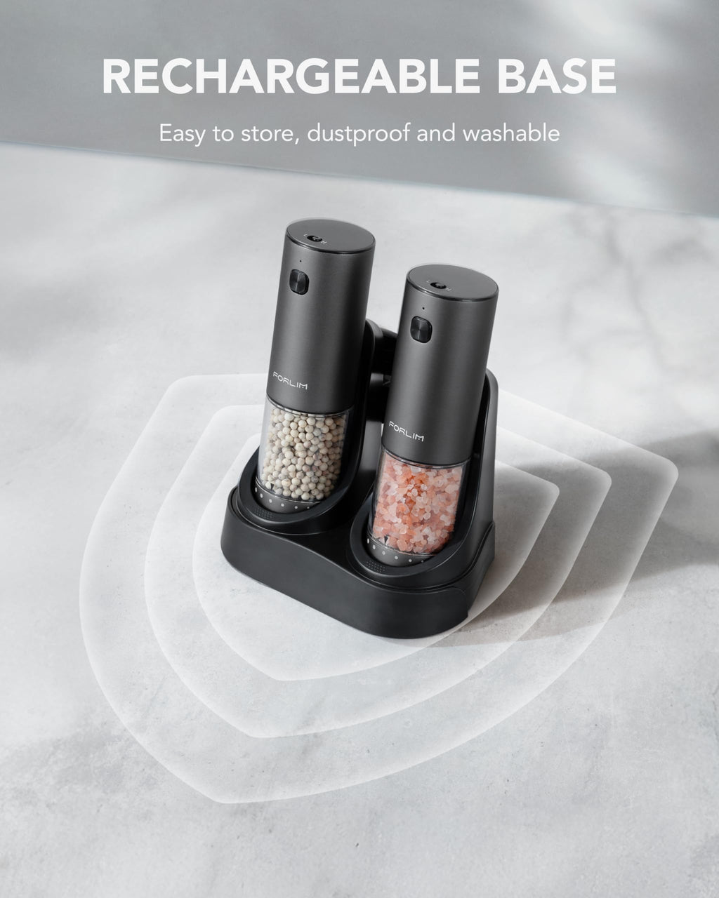 FORLIM 2-Speed Electric Salt And Pepper Grinder Set, External Rotation To Adjust Coarseness, Electric Salt and Pepper Shaker With Charing Base, One-Button Automatic Grinding, Washable Container